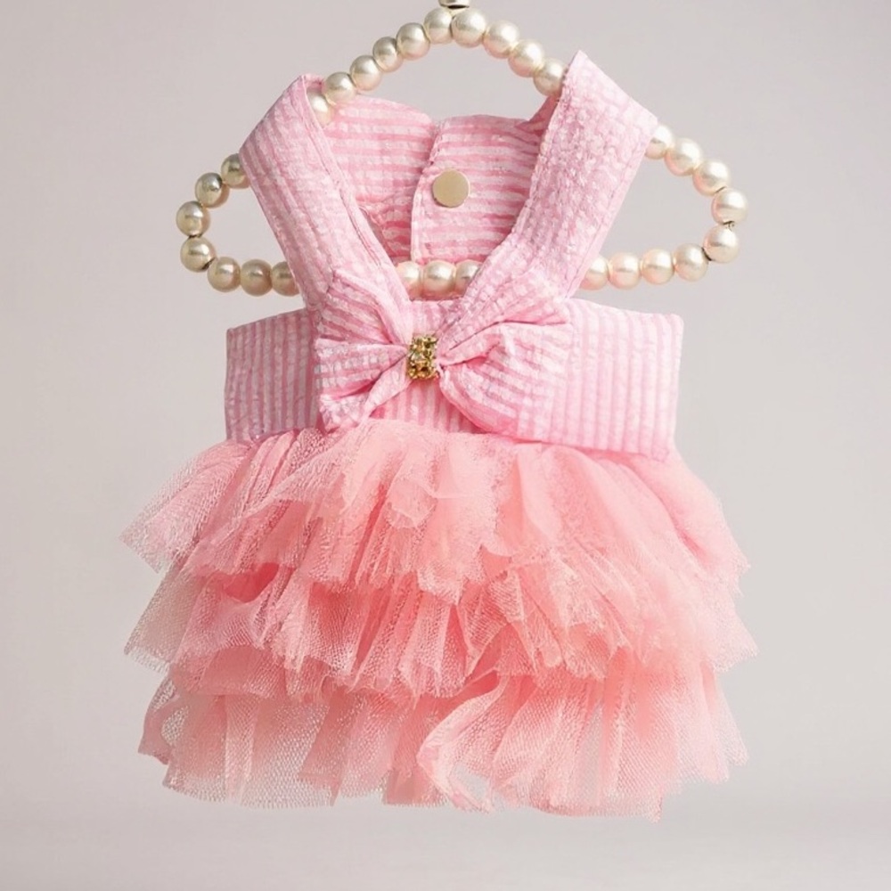 Adorable Pink and White Striped Seersucker and Tulle Small Pet Dress - Picture 2 of 4